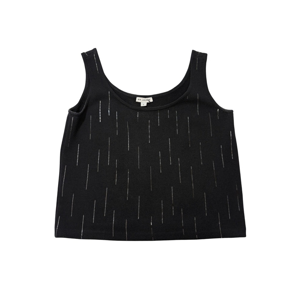 St John Vintage Black Metallic Knit Tank Top Scoop Neck Sleeveless Size L